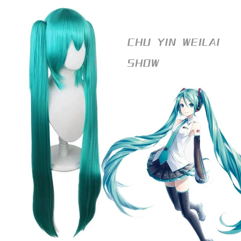 Parrucca Cosplay Miku per capelli lunga Clip per capelli sintetici resistenti al calore parrucche per coda di cavallo + cappuccio per parrucca