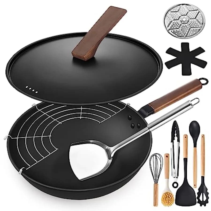 Set di 12 Padelle Wok da 13'' con Coperchio e Utensili da Cucina, Senza Rivestimenti Chimici, Fondo Piatto, Wok Cinese per Induzione