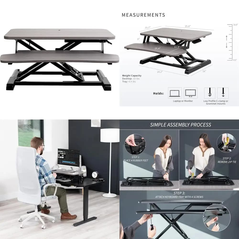 Height Adjustable Desk Converter, Support for 26 Dual Monitors and Laptops with Keyboard Tray, Grey Floor, Black Base