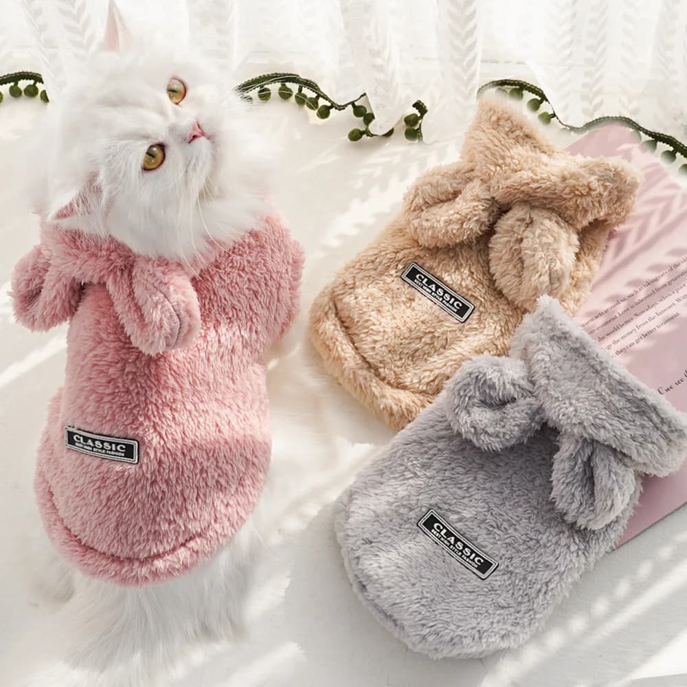 Orecchio di coniglio Comodo cotone in pile con cappuccio Abbigliamento per animali domestici Abbigliamento autunnale e invernale Felpa con cappuccio calda per gatti Forniture per abbigliamento per cani