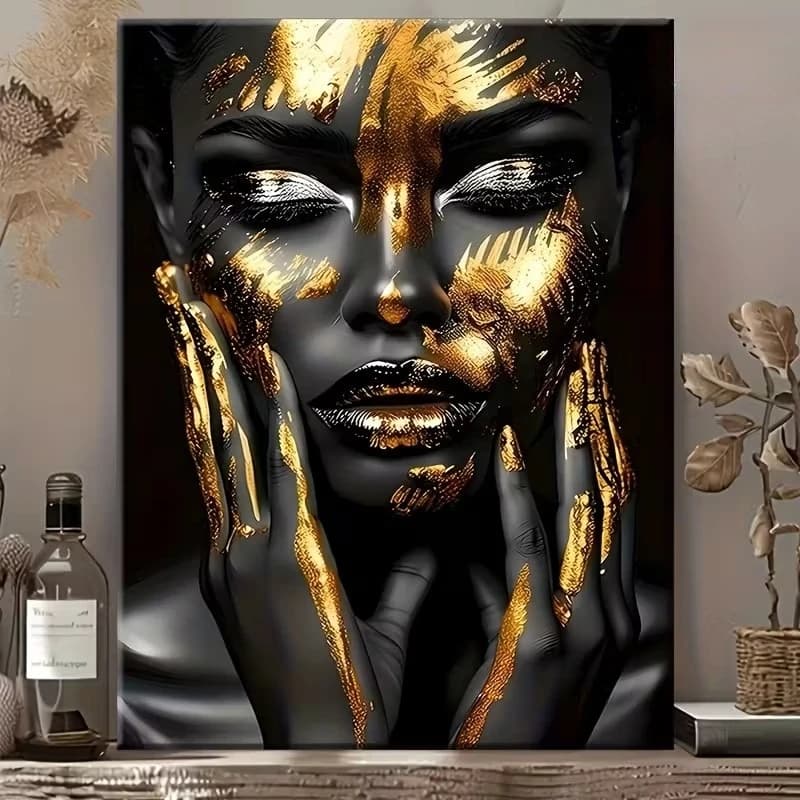 Black and Gold Abstract African Woman Poster and Prints Portrait Art Canvas Painting Wall Art Picture for LivingRoom Home Dec