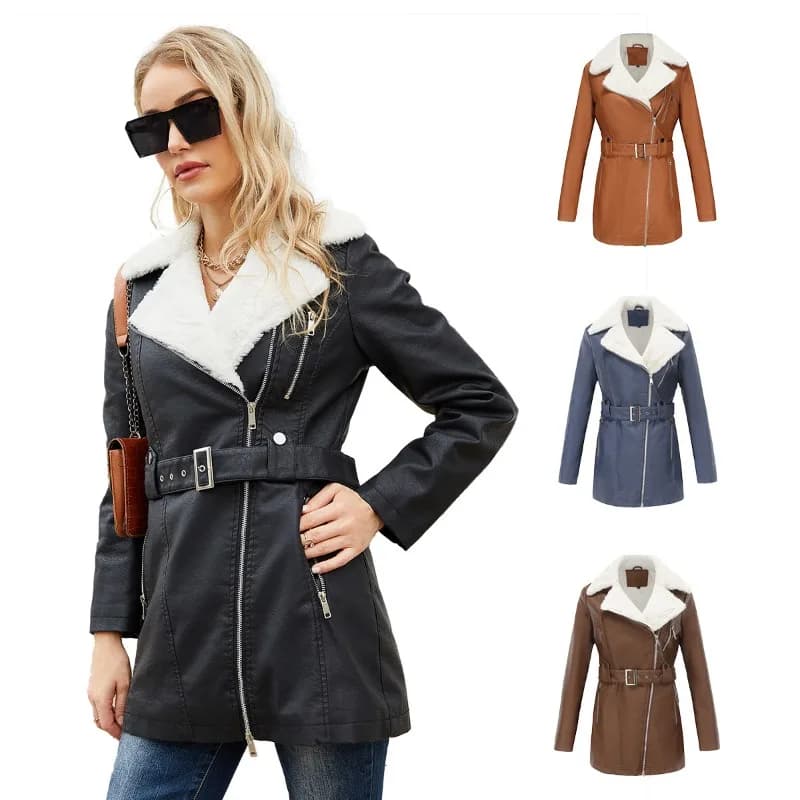 Cappotto in finta pelle PU 2025 Cintura da donna da lavoro Autunno Inverno Cappotti caldi Tasche con cerniera Tasche eleganti Cappotto coreano Nero