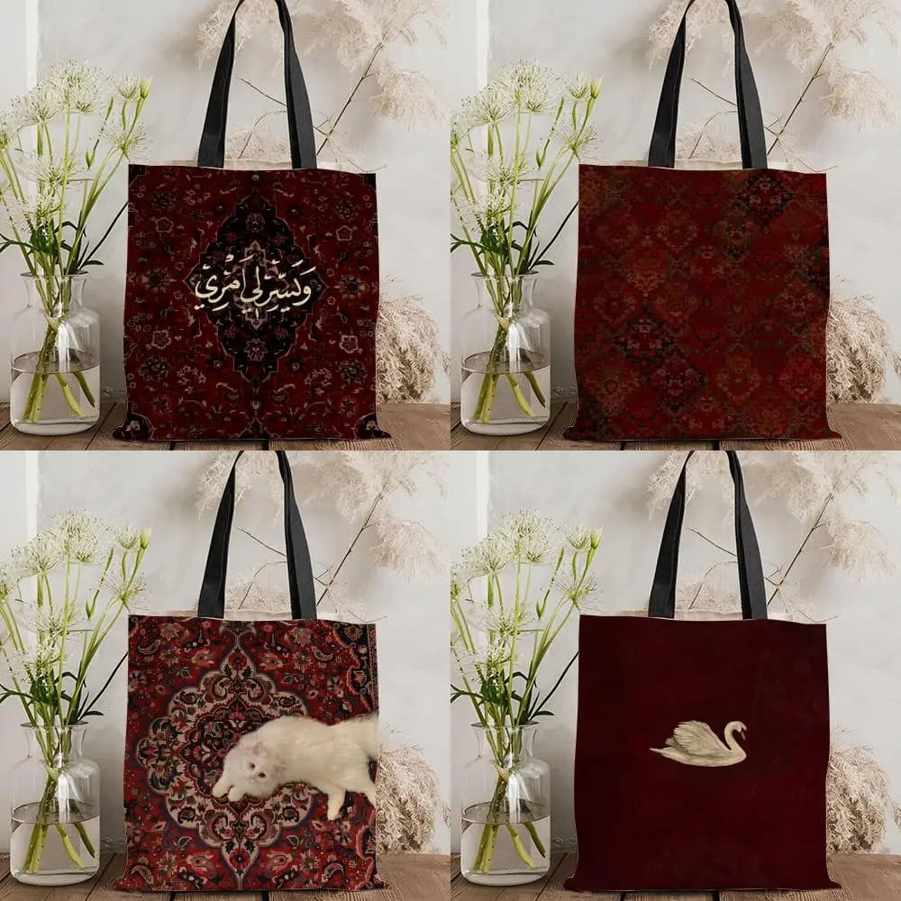 Retro red pattern Storage Bags Double-Sided Printed Canvas Tote Bag Eco-Friendly Reusable Large Capacity Handbag