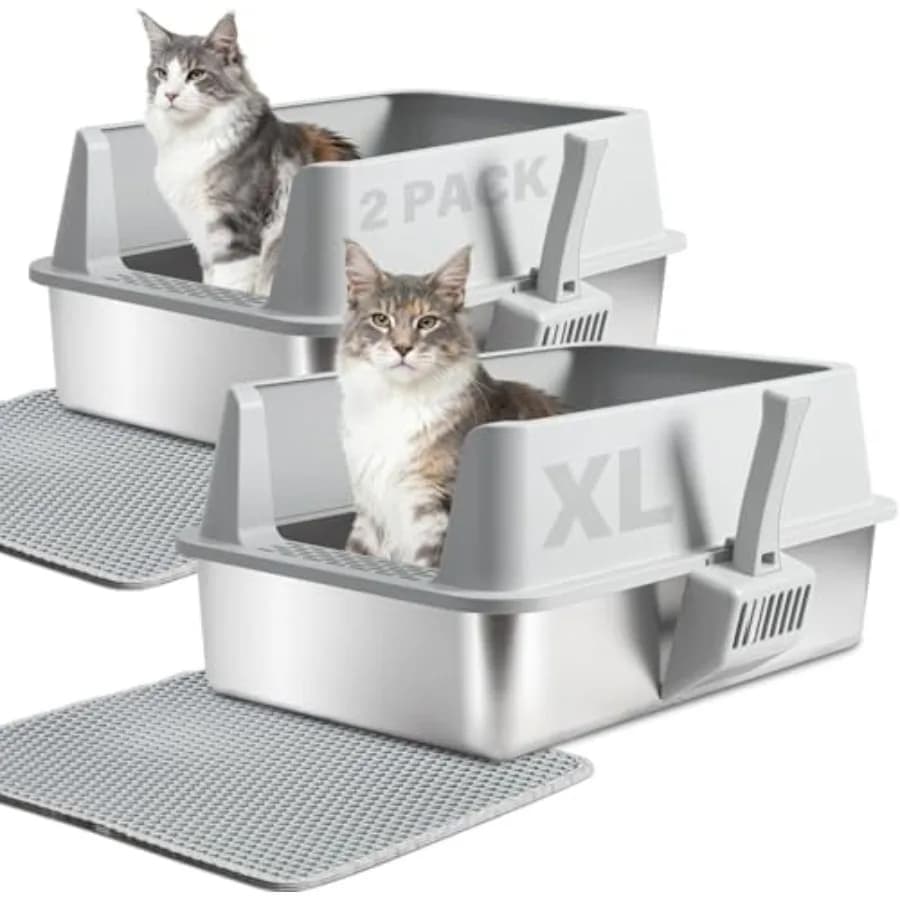 2PACK Stainless Steel Cat Litter Box with Lid, XL Metal Litter Box, Extra Large Litterbox for Big Cats, High Sided Easy Cleanin
