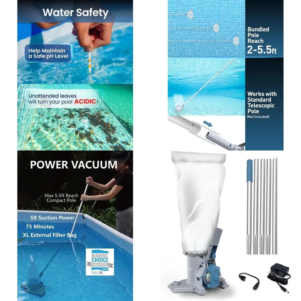 Aspiratore per piscina ricaricabile di media potenza con asta, autonomia di 75 minuti, ideale per la chiusura della piscina, filtro per detriti di grandi dimensioni