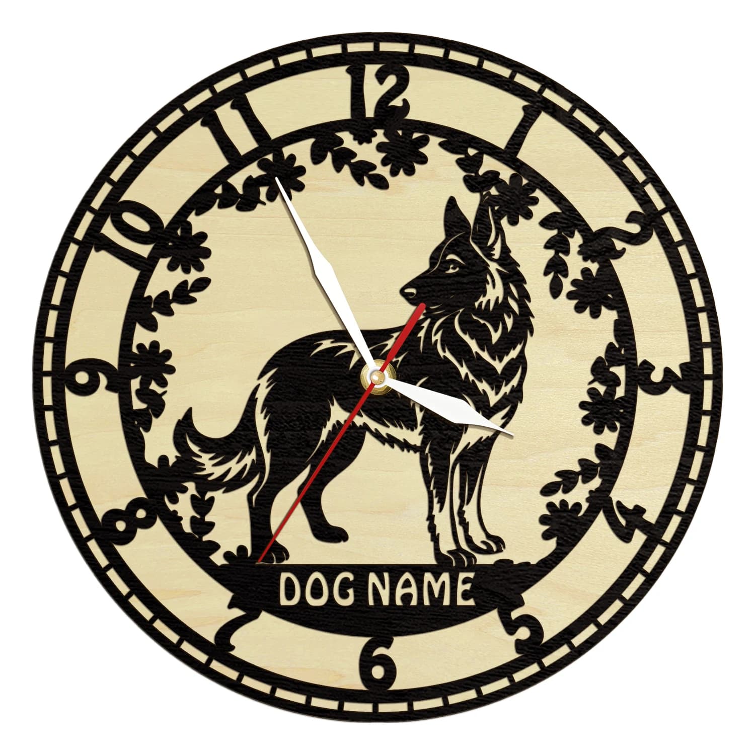 Personalized wall clock with natural wooden structure of Belgian shepherd dog for dog owner, dog breed puppy, home decorations, custom dog name, wooden watch
