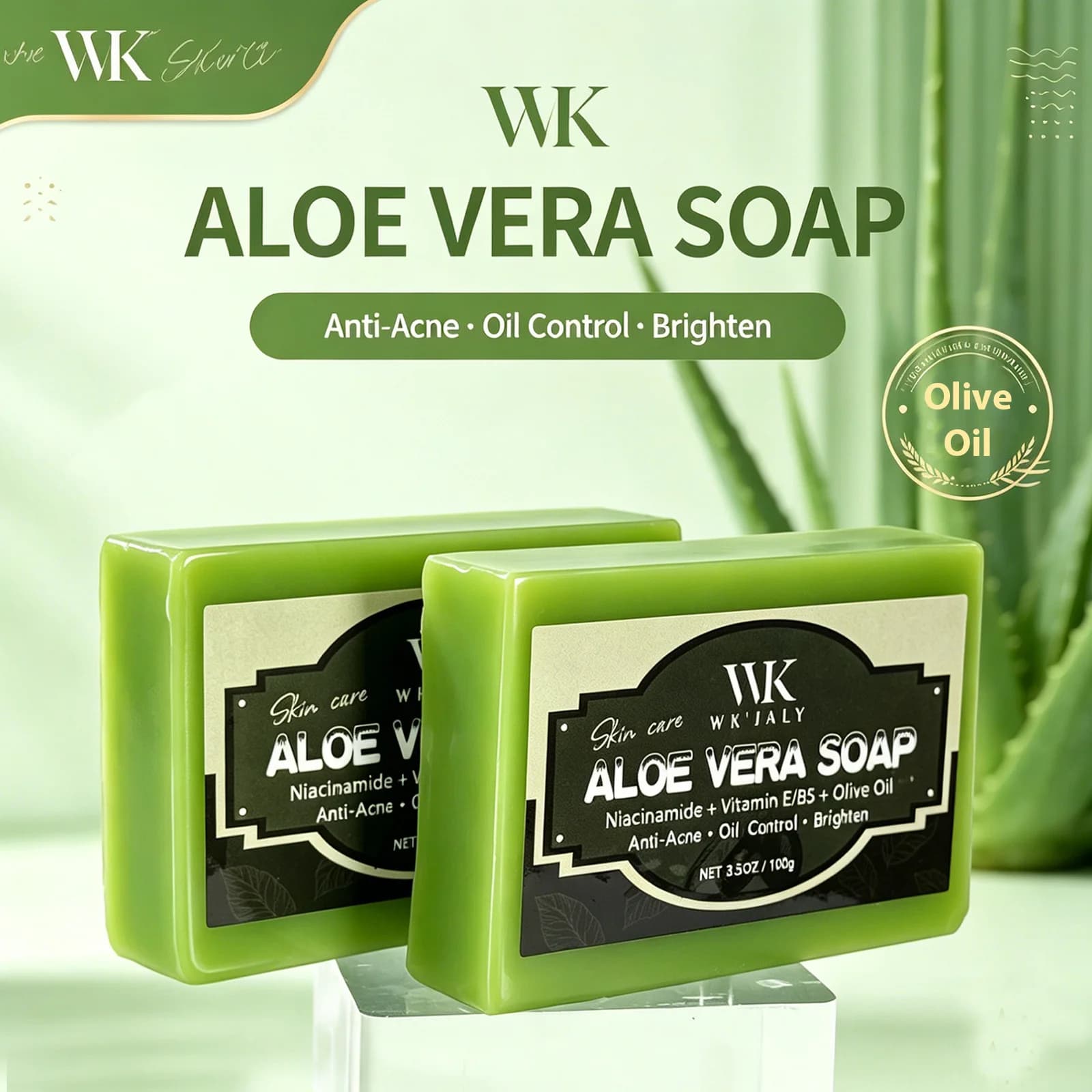 Sapone Naturale all'Aloe Vera WK, Pelle Pulita, Anti-Acne, Controllo del Sebo, Illuminante, Con Niacinamide, Vitamina E, Olio d'Oliva, Per Viso e Corpo