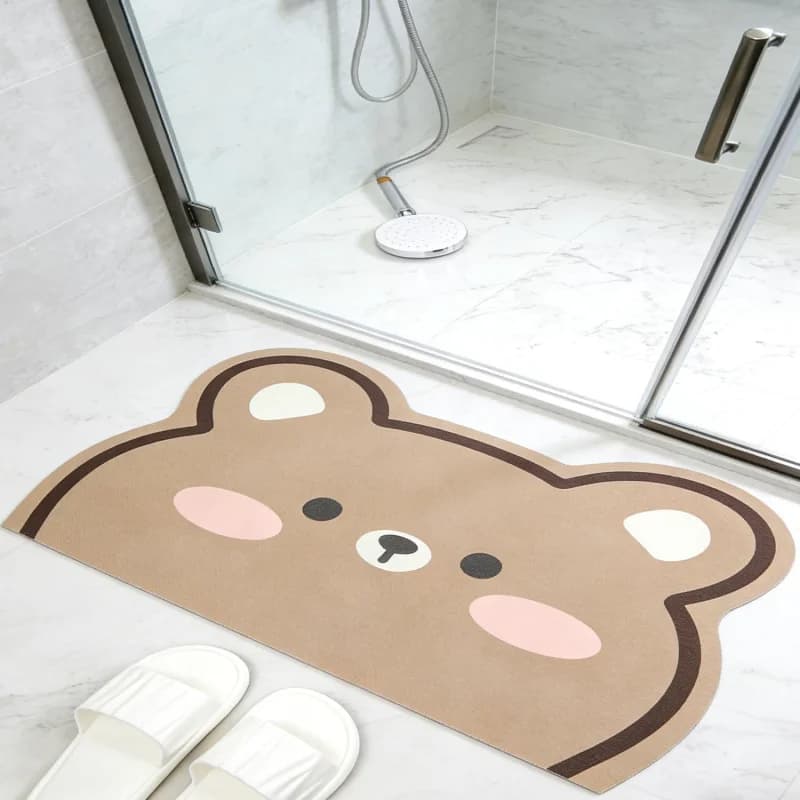 VIKAMA Kawaii Blush Cheek Bear Outline Diatom Mat Anti Slip Quick Dry Thin Floor Rug For Shower Door Vanity Kids Bathroom Decor