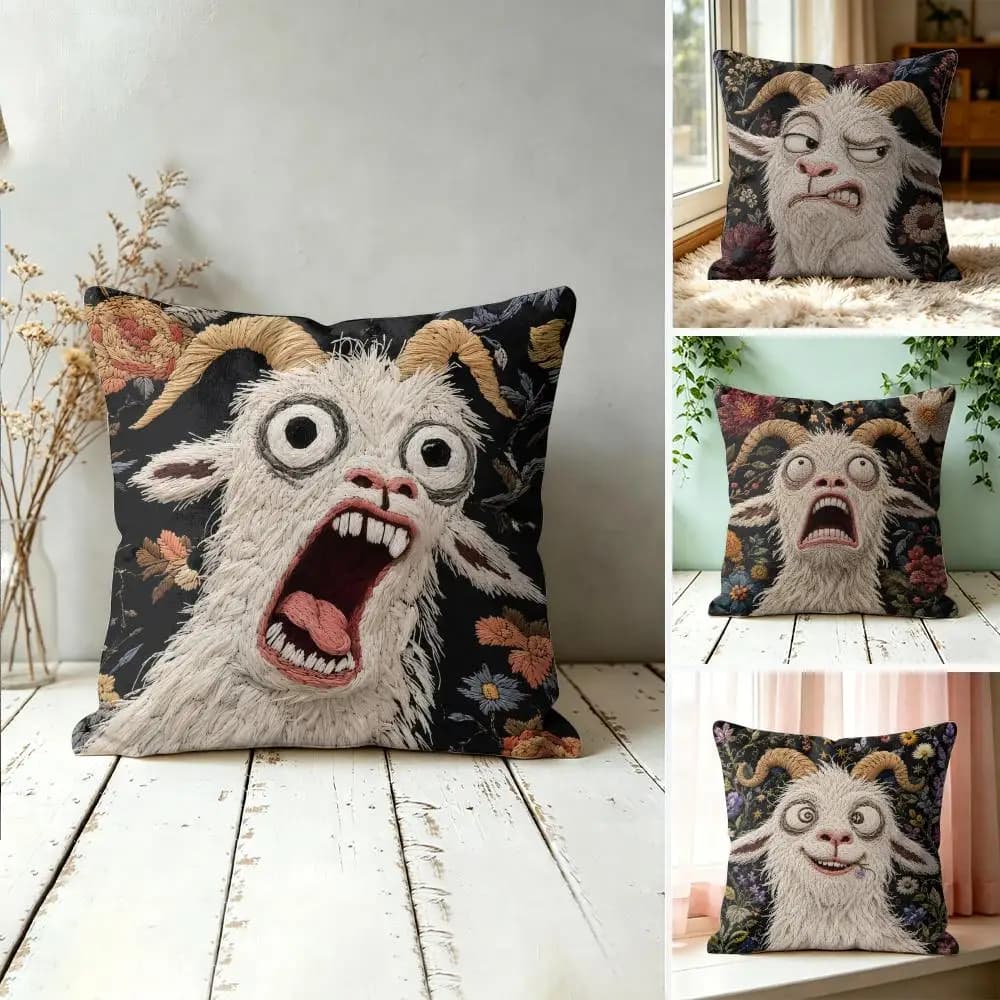 Funny Screaming Goat Pillow Case Double-Sided Plush Sofa Cushion Covers Organic Breathable Invisible Zipper