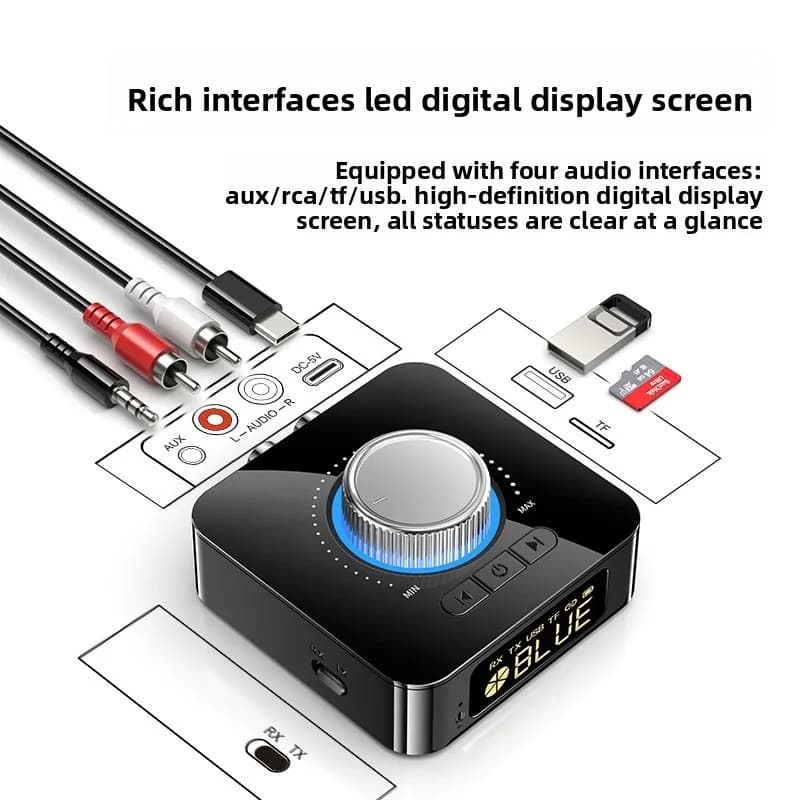 Ricevitore audio Bluetooth 6.0 Adattatore wireless per musica stereo 3D con scheda TF/RCA/AUX/USB per altoparlanti per auto, amplificatore, cuffie