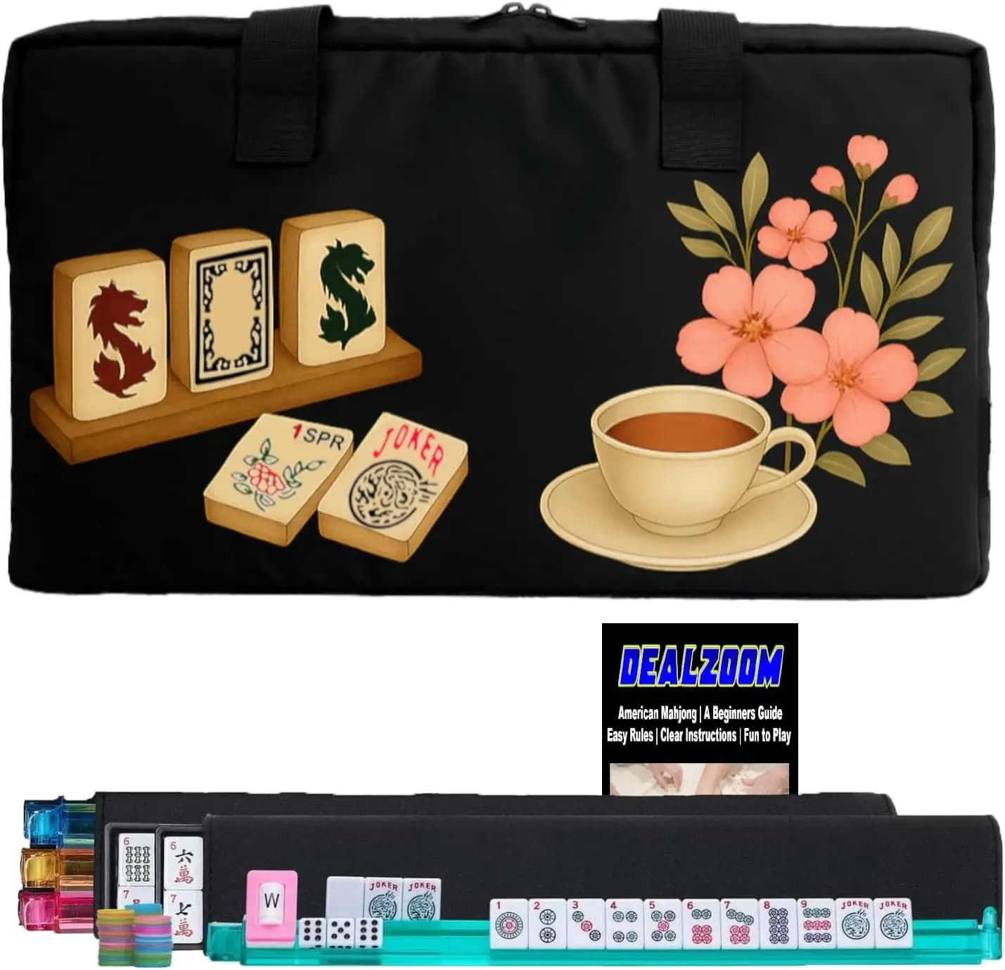 Set Completo di Mahjong Americano con 166 Tessere, Supporti, Spingi Tessere, Istruzioni, Dadi, Fiches e Indicatore del Vento in Borsa da Viaggio