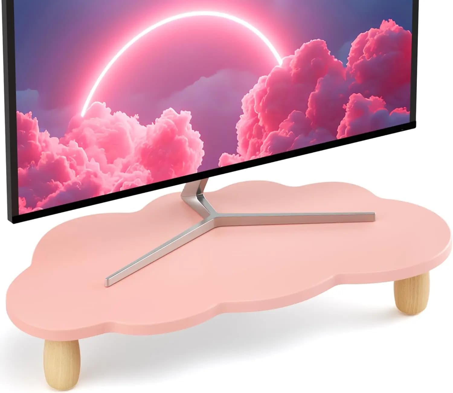 Supporto per Monitor a Forma di Nuvola in Legno, Organizzatore Ergonomico da Scrivania per Computer e Laptop in Rosa