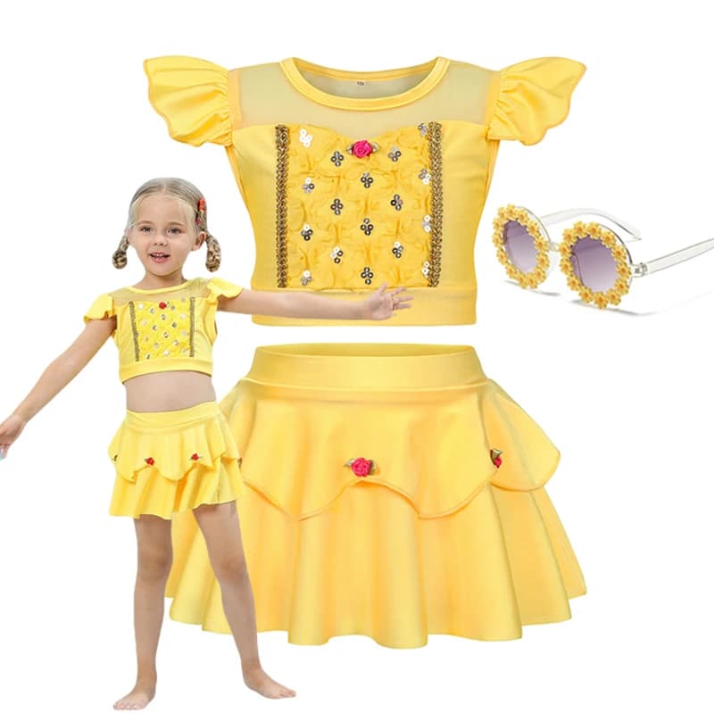 Set costume da bagno in due pezzi per ragazze Belle Princess con occhiali da sole abbinati per spiaggia, piscina e vacanze estive