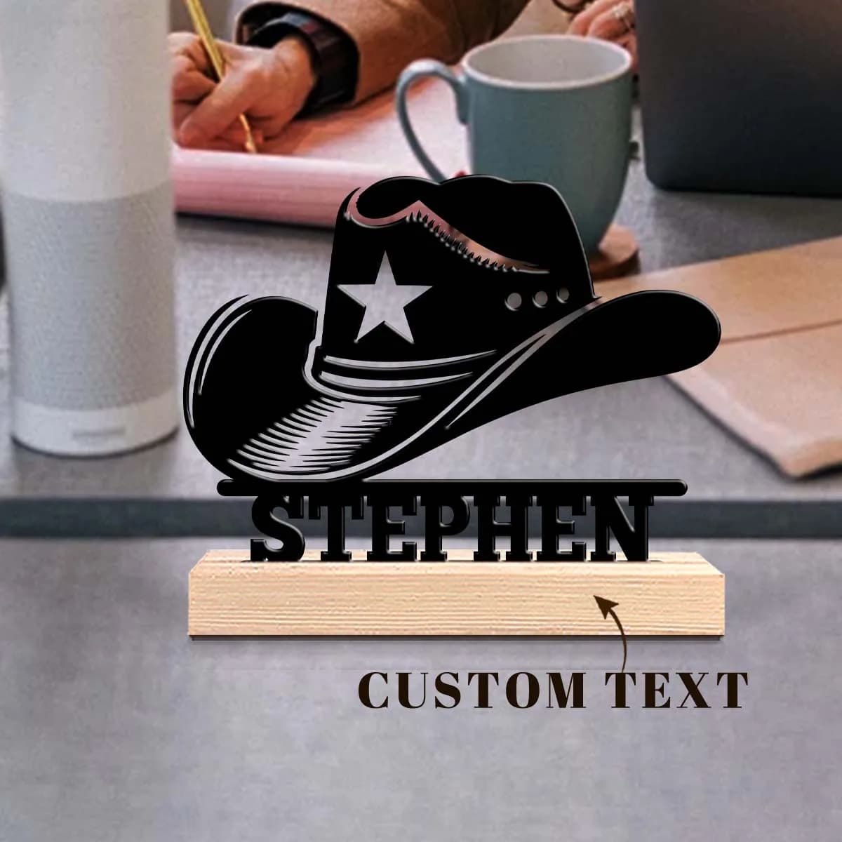 1 Piece Custom Cowboy Hat with Wood Base, Metal Artistic Ornament, Home Decoration, Office, Hotel, Coffee, Club, Ideal Gift for Family and Friends