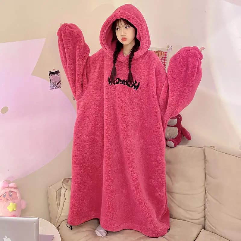 Camicia da notte invernale da ragazza rosa rossa in pile di corallo e flanella spessa Abito pigro Cappuccio Camicia da notte allentata Pigiama da notte Accappatoio da ragazza