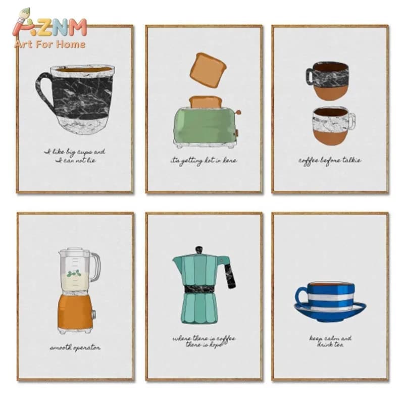 AZNM Retro Kitchen Canvas Print Coffee Cup Moka Pot Toaster Blender Funny Quote Marble Texture Minimalist Wall Poster Unframed C