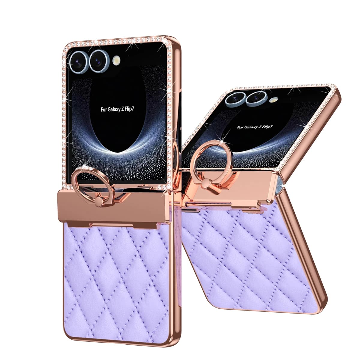 Solid Color Leather Case with Luxury Flash Diamond for Samsung Galaxy Z Flip 7 Foldable Zipper Case Rotating Ring Brace Cover Mirror Film Optional