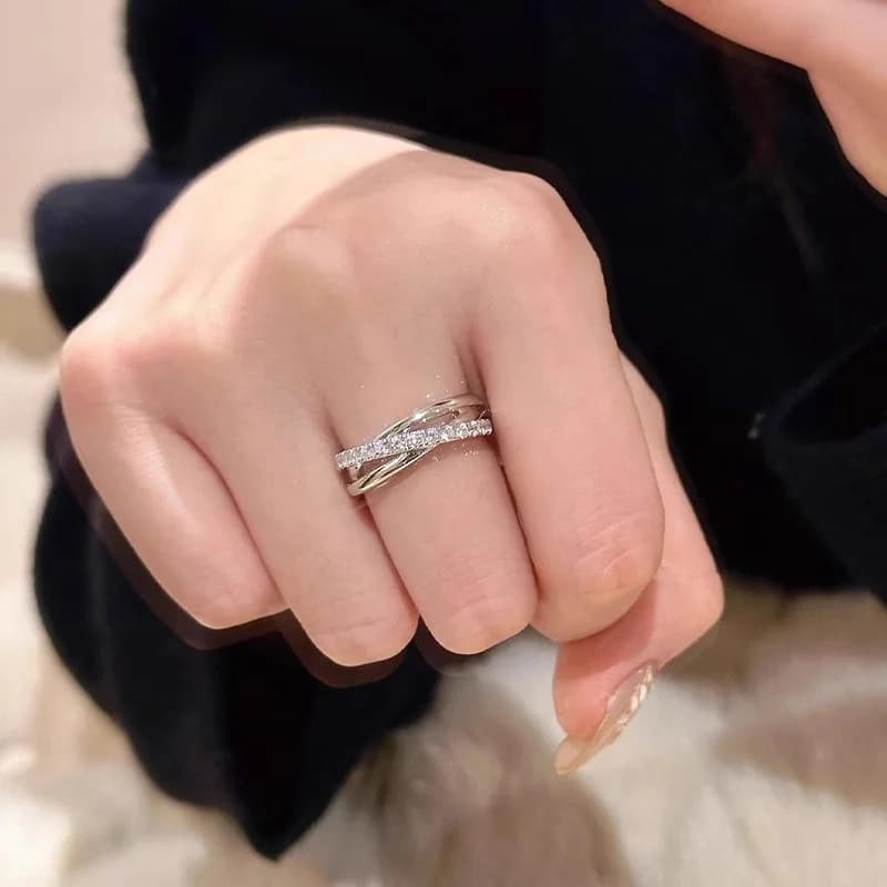 Luxury Shiny Sterling Silver Layered Cross Inlaid Little Zircon Rings for Women Korean High Quality Geometry Party Jewelry Gifts