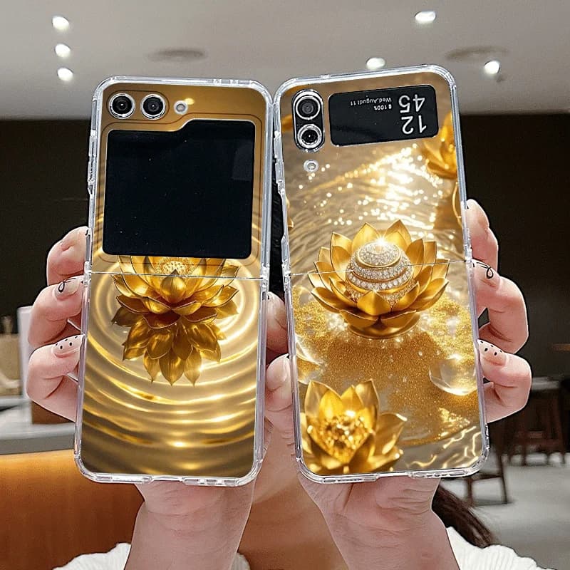 Custodia per telefono con motivo floreale di loto dorato creativo per Samsung Galaxy Z Flip 7 Flip 6 5 4 3 Cover pieghevole per Z Flip7 Flip 5 Shell