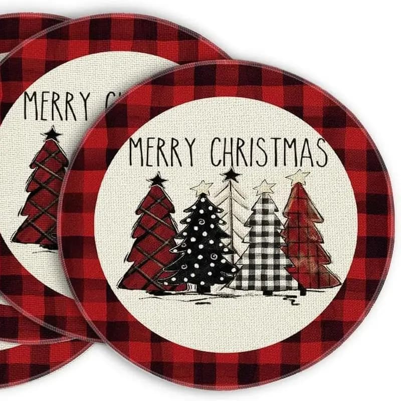 Grid Scarf Snowman Cardinals Round Christmas Mat Wear resistant Plate Mat Home Table Decoration Mat
