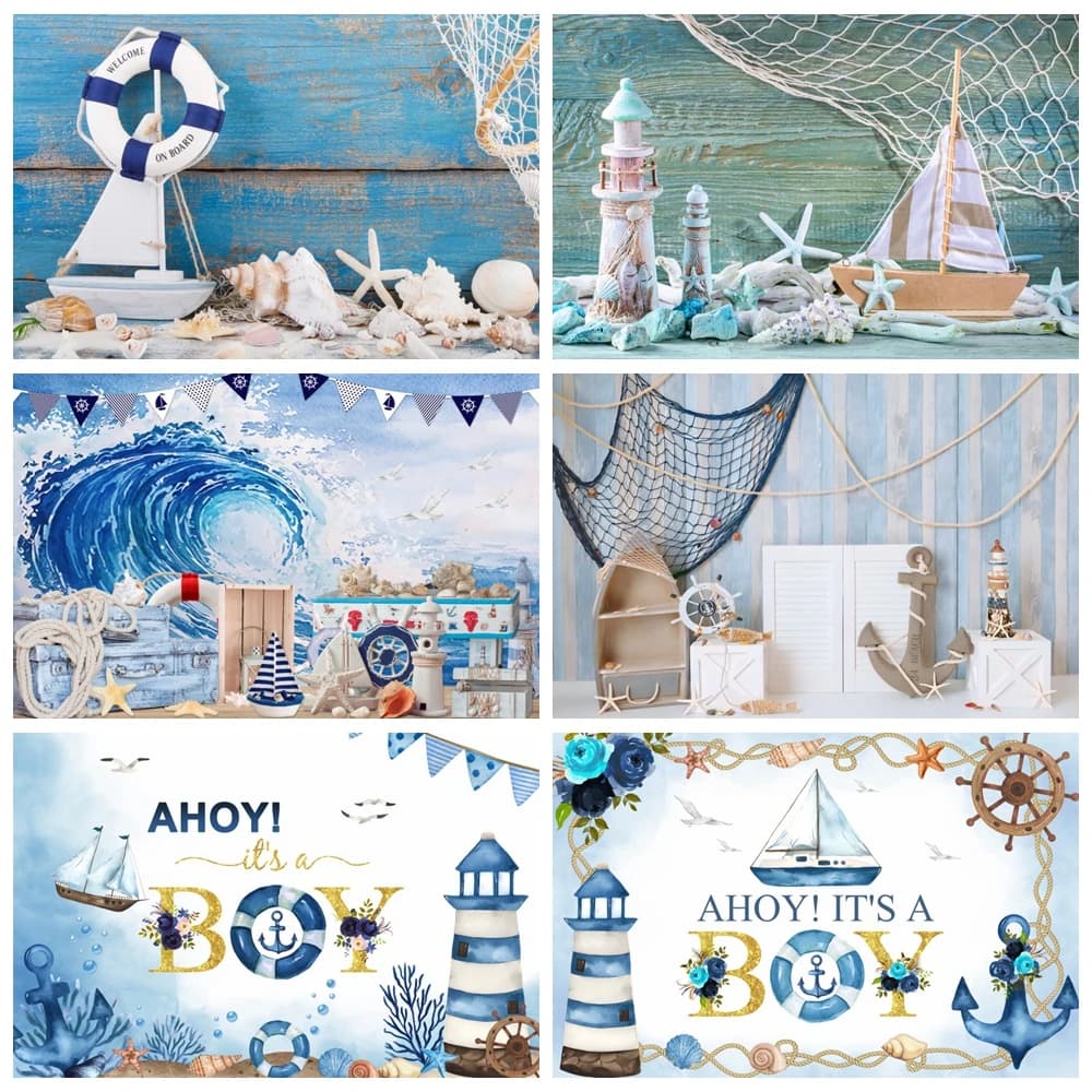 Vela estiva Barca in legno Ruota di ancoraggio Timone Rete da pesca Sfondo fotografico per feste Baby Shower Sfondo fotografico per il primo compleanno