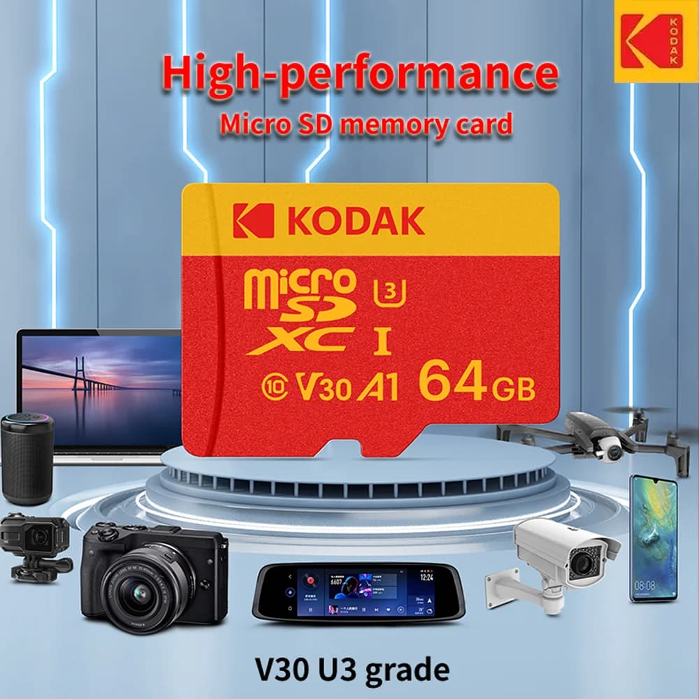 Adattatore per scheda MicroSDXC ad alta velocità Kodak-32GB-256GB, UHS-I U3 V30 A1, per laptop, smartphone, telecamere di sorveglianza e Dash cam