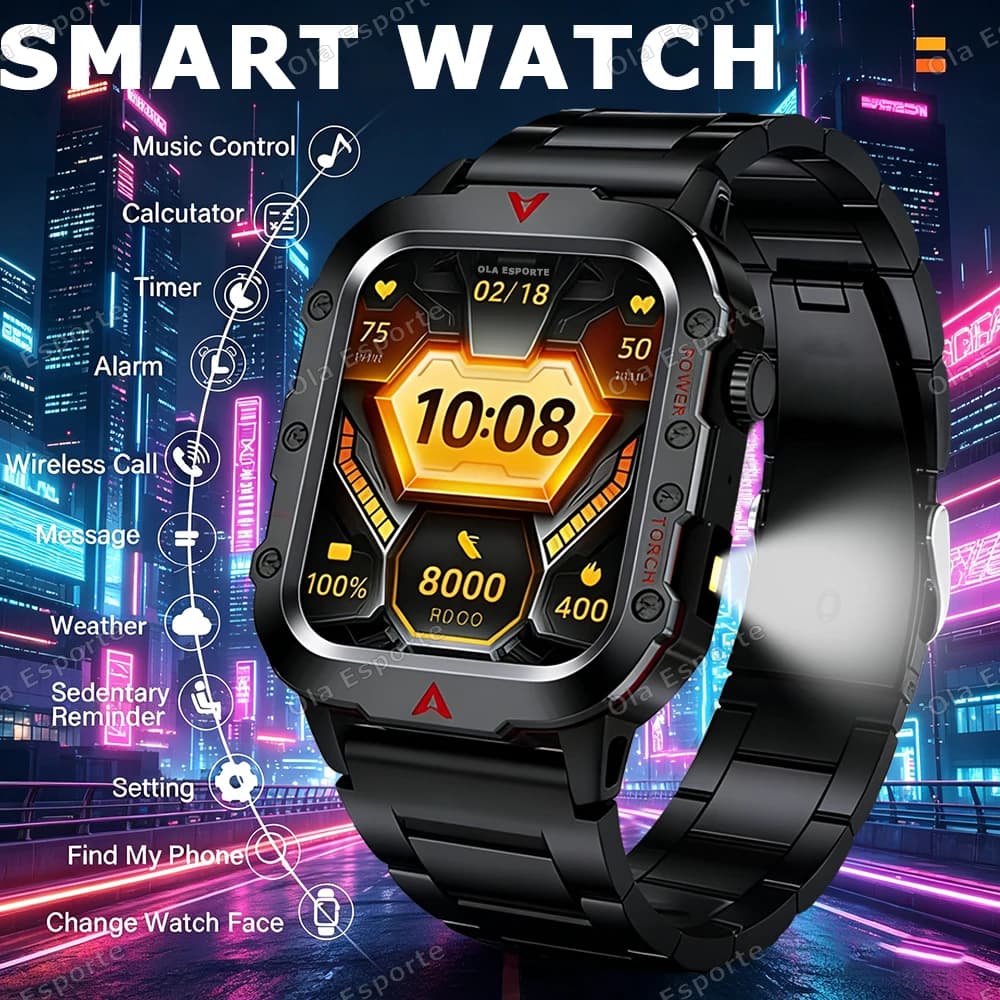 Smartwatch Sportivo da Uomo 2026 per Esterni, Durevole, con Batteria a Lunga Durata, Torcia LED, Impermeabile IP69K, Chiamate Bluetooth, Militare, Modello HW12