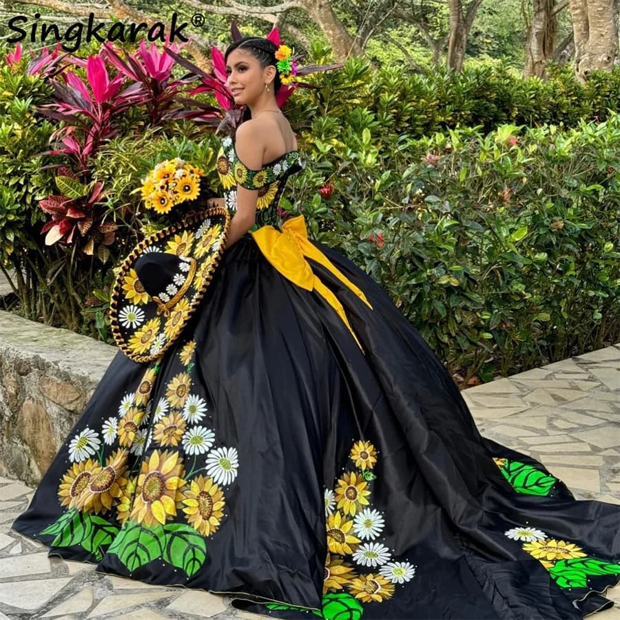 Squisito girasoli ricamo abito da ballo abiti quinceanera fiocco perline messicano dolce 16 abiti abiti da 15 anni personalizzati