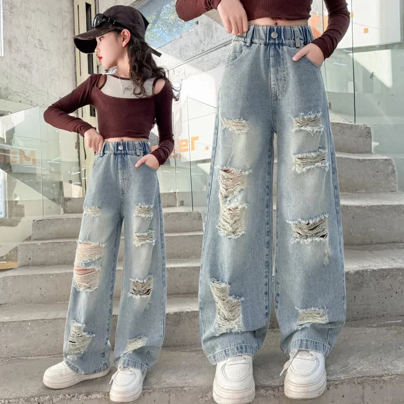 Jeans Strappati Stile Cowgirl per Bambine, Pantaloni in Denim Casual, Abbigliamento Primaverile e Autunnale per Bambini 4-14 Anni