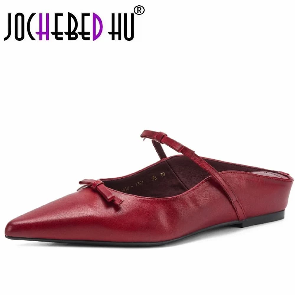 【JOCHEBED HU】women's Handmade Genuine leather pointed toe sweet bowtie slip-on summer slides sandals wedge mules 34-42