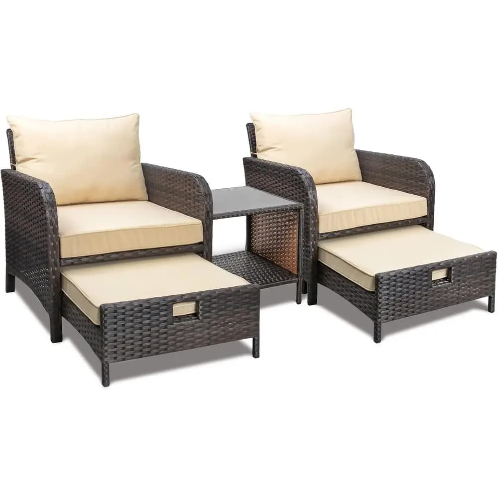 Balcony urniture 5 Piece Patio Contion Set, PE Wicker Rattan Outdoor Lounge Chairs with Sot Cushions 2 Ottoman&Glass Table or Po