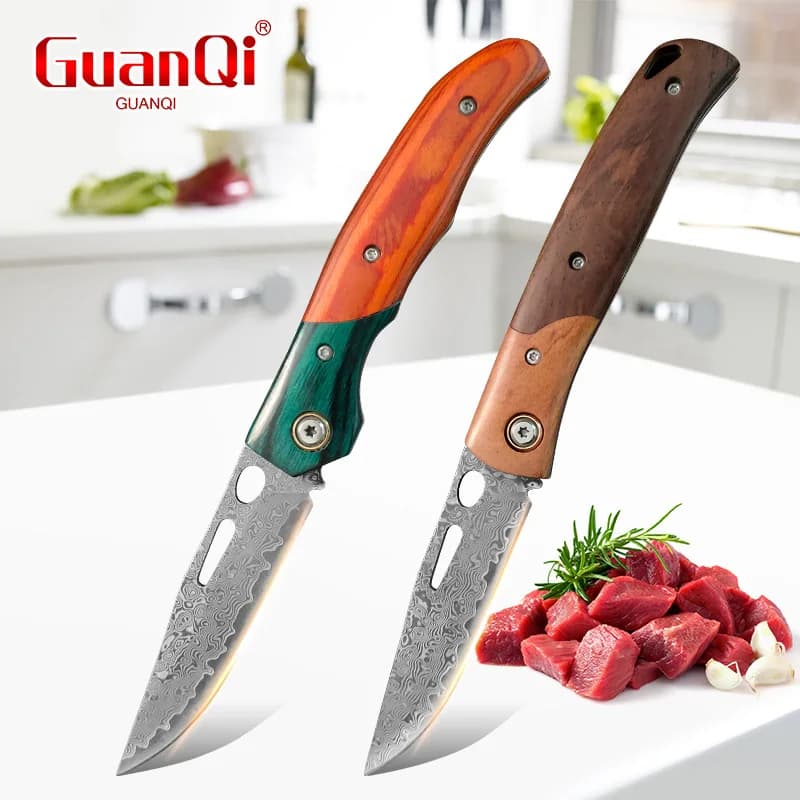 Multipurpose knife for peeling fruit, Folding knife Damasked with wood handle, Cooking tool for meat, Fruit, Fish, BBQ, Pocket knife