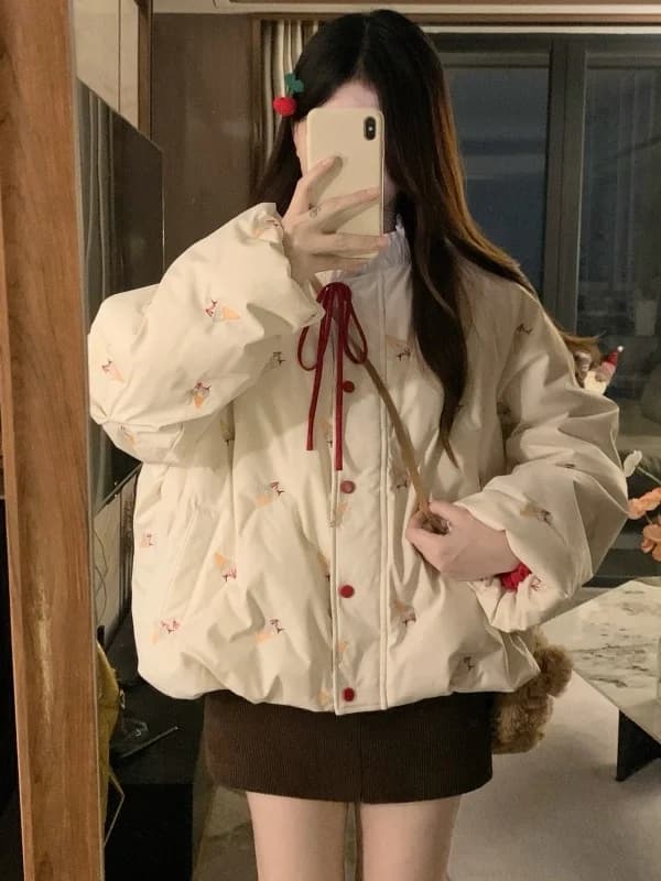 Giacca Invernale Imbottita in Cotone Stile Pane, Casual e Dolce, con Stampa in Fibra di Poliestere, Cappotto Corto da Donna