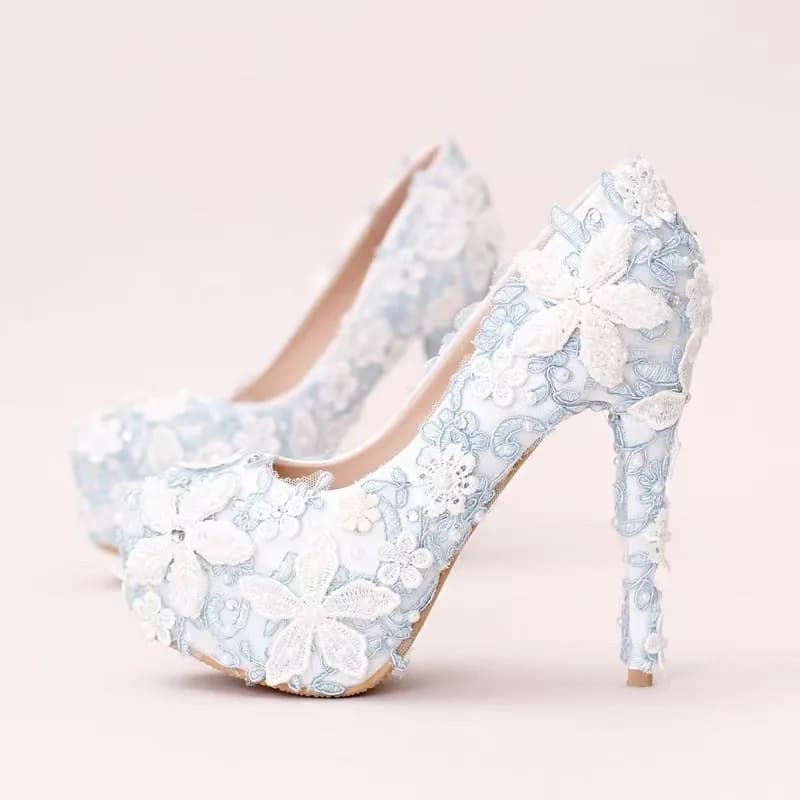 Scarpe da Sposa con Tacco Alto 14 Cm, Blu Chiaro con Fiori e Perle, Scarpe Eleganti da Donna