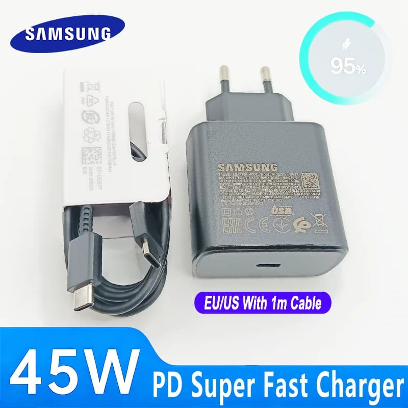 Caricabatterie Super Veloce Samsung 45W EU EP-TA845 US PD per Galaxy S26+ S25 Ultra S24 Tab S23 S22 FE Z TriFold A57 A56 A37 F56