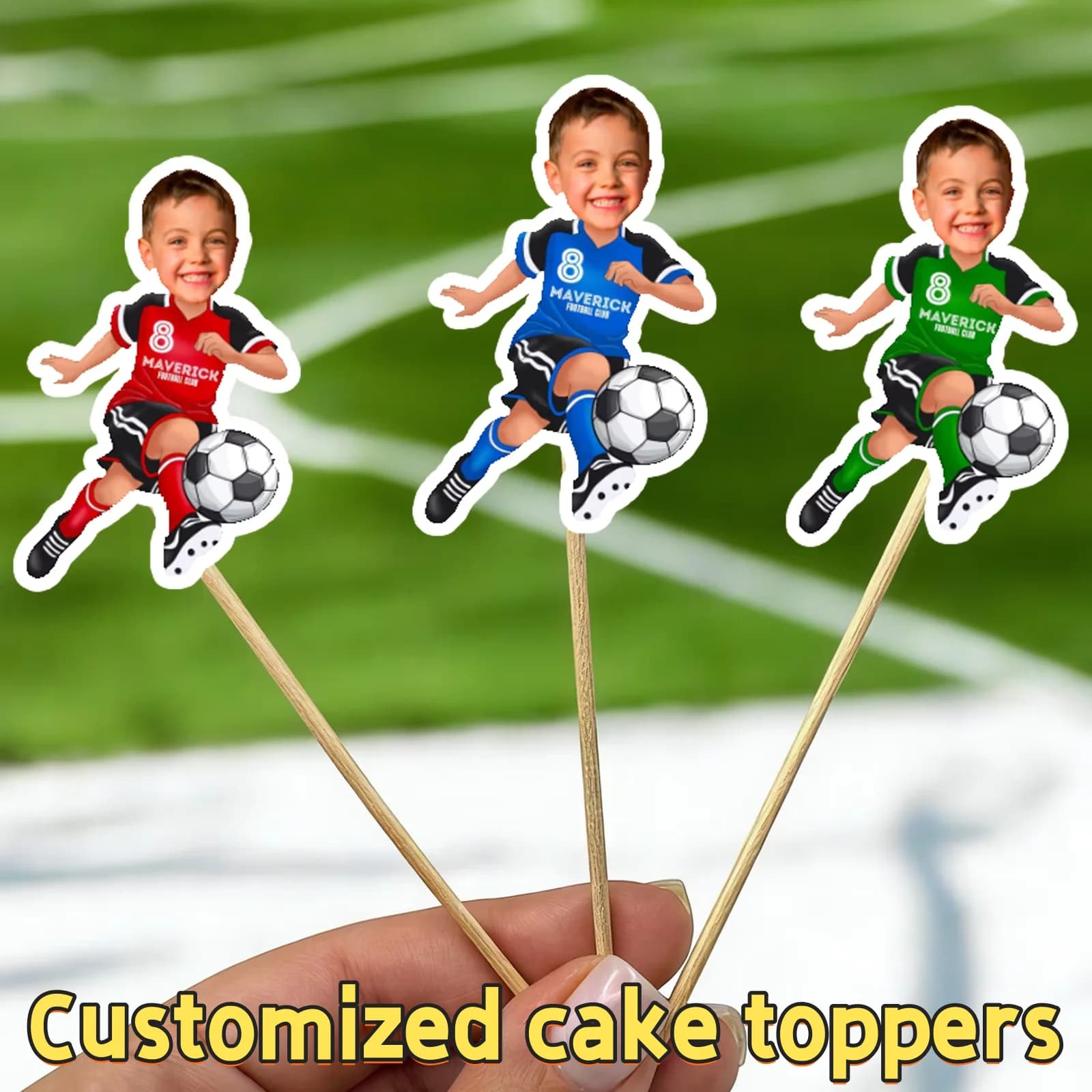 Adesivi personalizzati con foto di bandiere da calcio per decorazioni di compleanno sul tavolo dei dolci