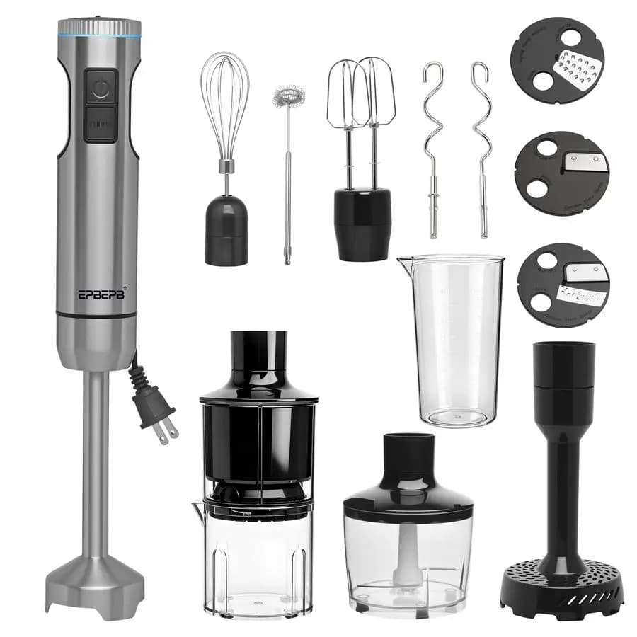 Set Frullatore a Immersione, Potente 1000W, Kit 11 in 1 per Frullati, Spremiagrumi, Tritacarne, Montalatte, Sbattitore, Gancio per Impastare