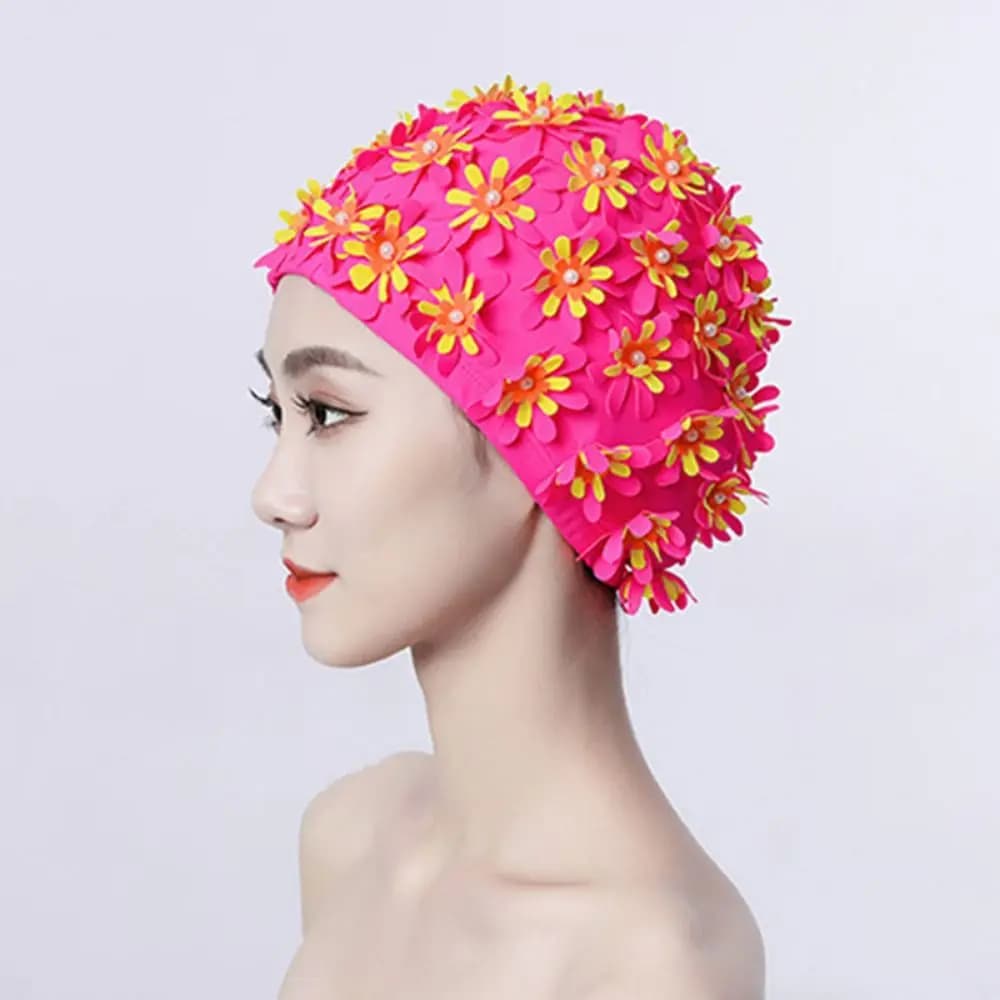 Diving Cap Pearl Floral Petal Swim Cap Flower Long Hair Swimming Hat Vintage Style Elastic Swimming Cap Women
