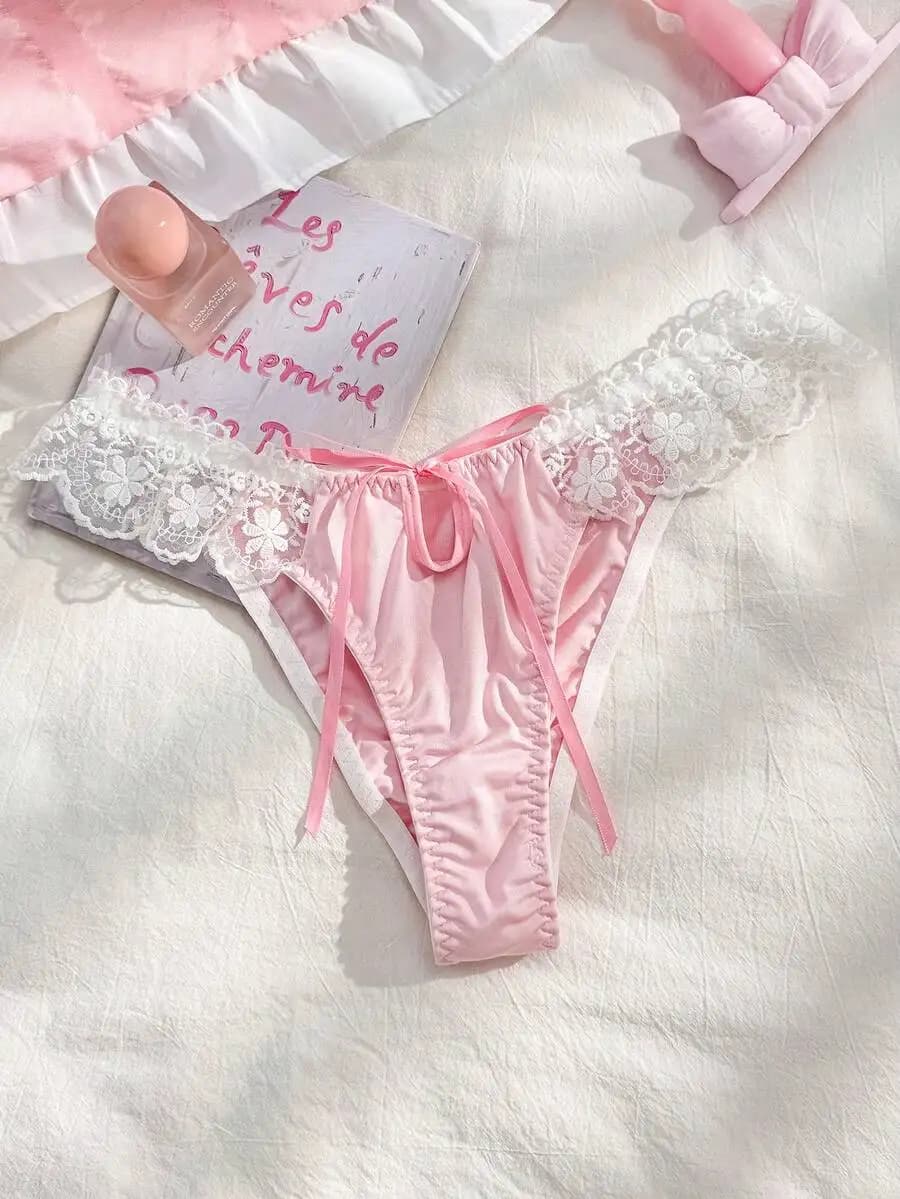 Pink Lace Embroidered Bow Tie Romantic Womens Panties With Ruffles