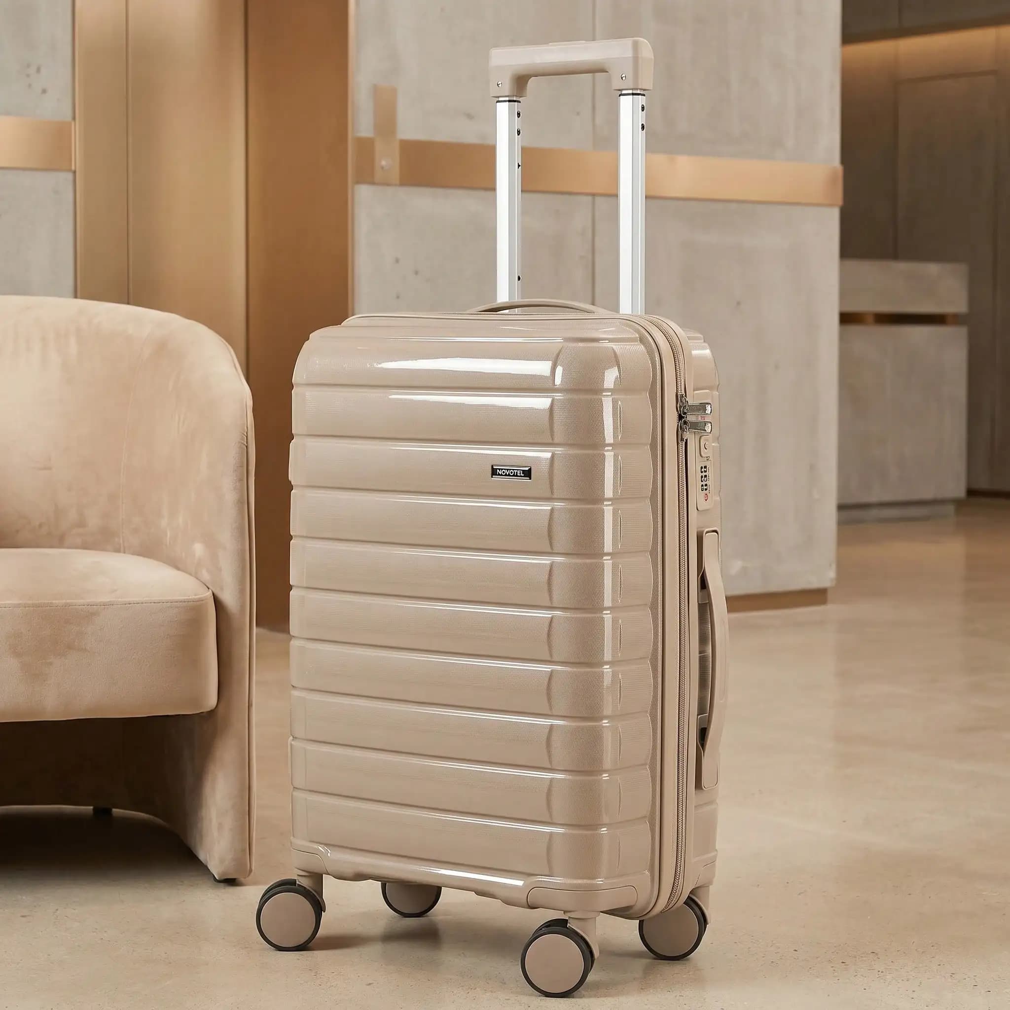 Luggage Trolley Case, 20-Inch Boarding Case, Made Of PP Material, Lightweight And Durable, 360-Degree Smooth Swivel Wheels, TSA Lock, Telescopic Handle, Zipper Opening And Closing, Suitable For Various People's Travel, School Use, Khaki Color