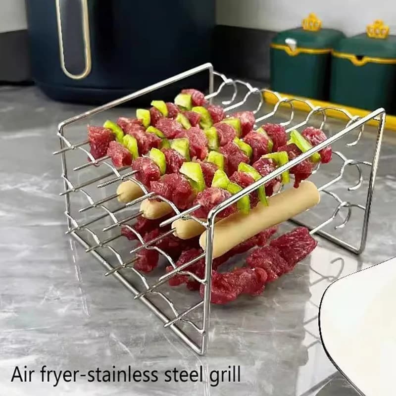 Air Fryer Skewer Stand Vertical Multi-pin Stainless Steel BBQ Holder Air Fryer Accessories Skewers For Grilling Kitchen Tools.