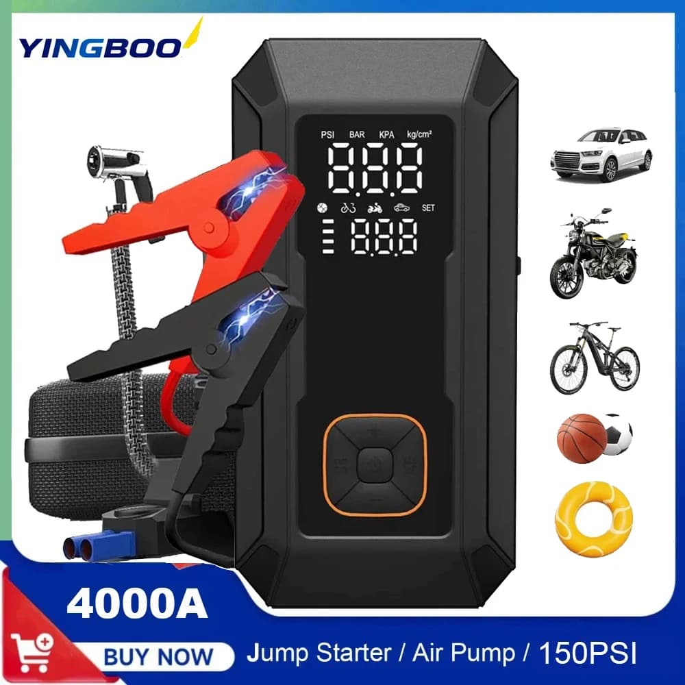 YINGBOOST 4000A Avviatore di emergenza Batteria Booster 150Psi Pompa d'aria Multi-funzione Gonfiatore per pneumatici Accumulatori e caricabatterie di riserva Luce a LED per veicoli 12V