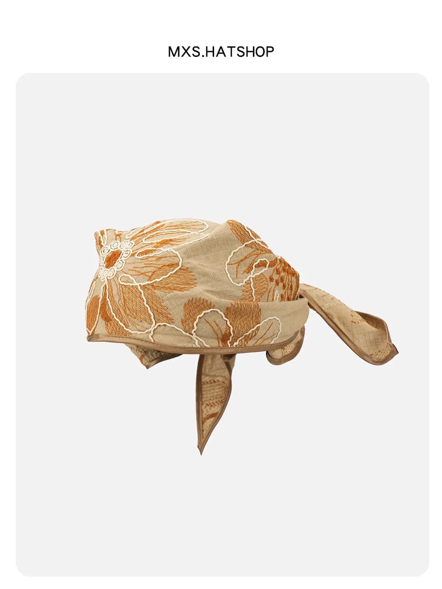 Retro Cotton Linen Headscarf Hat Women Floral Pattern All-Match Breathable Scarf Cap Country Style Spring Summer