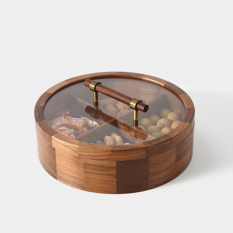 Scatola per frutta in noce nera nordamericana con coperchio Ciotola per frutta secca in legno massello Tavolino da salotto in vetro Decorazione della casa