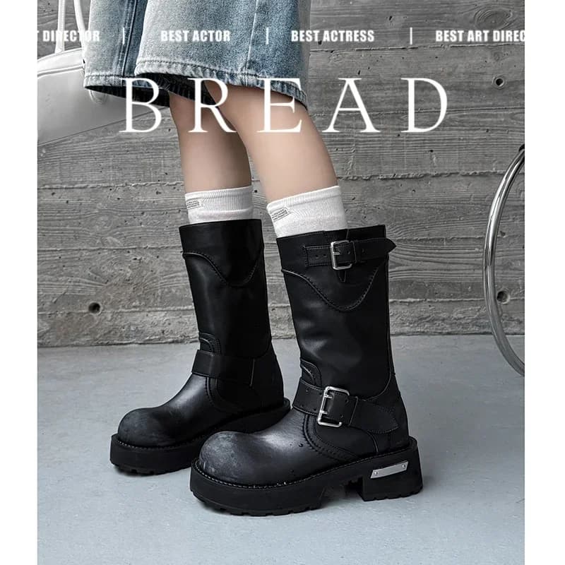 2026 new autumn winter women mid-calf boots 22-25cm cowhide+split leather belt buckle slip on motorcycle boots platform boots
