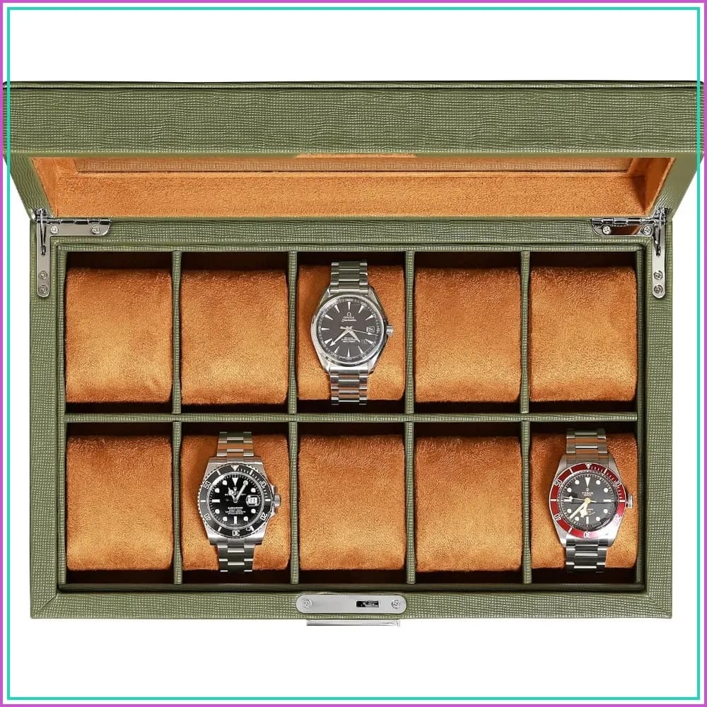 10 Slot Leather Watch Box with Locking Glass Top - Luxury Display Case for Men and Women (Green/Tan)