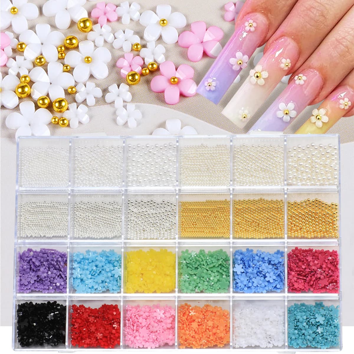 Nail pendant with 3D flower at 24 grills - Exquisite ornamentation of white petals with almond grains, handmade DIY accessories for nail art, cute But