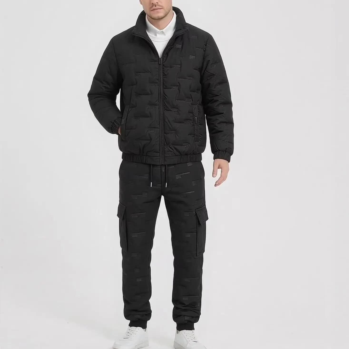 Men Winter 2‑Piece Padded Suit Stand Collar Zip Jacket & Cargo Cotton Pants Windproof Warm Casual Outfit Set