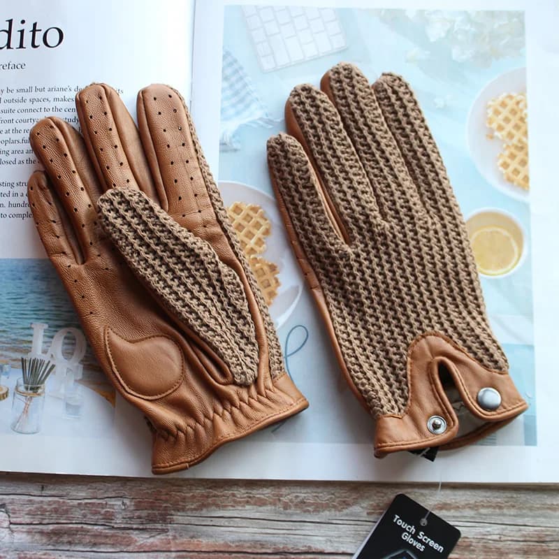 High Quality New Leather Men's Driving Non-Slip Gloves Touch Screen Sheepskin Knitted Breathable Riding Motorcycle Gloves
