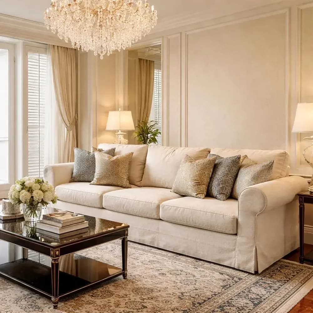 Divano a 3 Posti per Soggiorno 89 - Rivestimento Beige, Copertura Lavabile, Cuscini Confortevoli, Struttura Robusta, Ideale per Piccoli Spazi, Facile da Montare